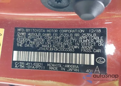 2019 Lexus Ux 250H F Sport from USA, damaged, VIN JTHU9JBH3K2003383